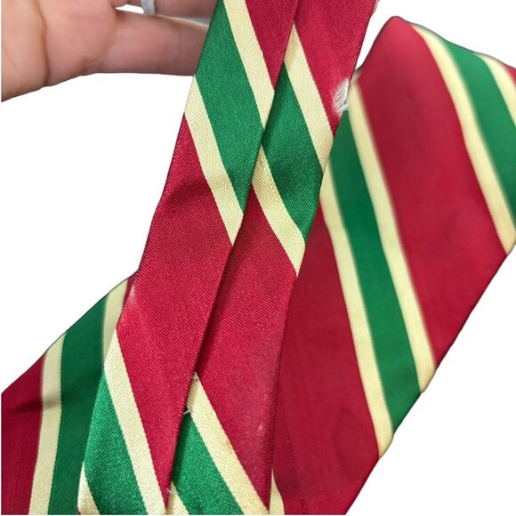 AKM Red Green Gold Striped Italian Silk Hand Made Tie - Picture 5 of 6